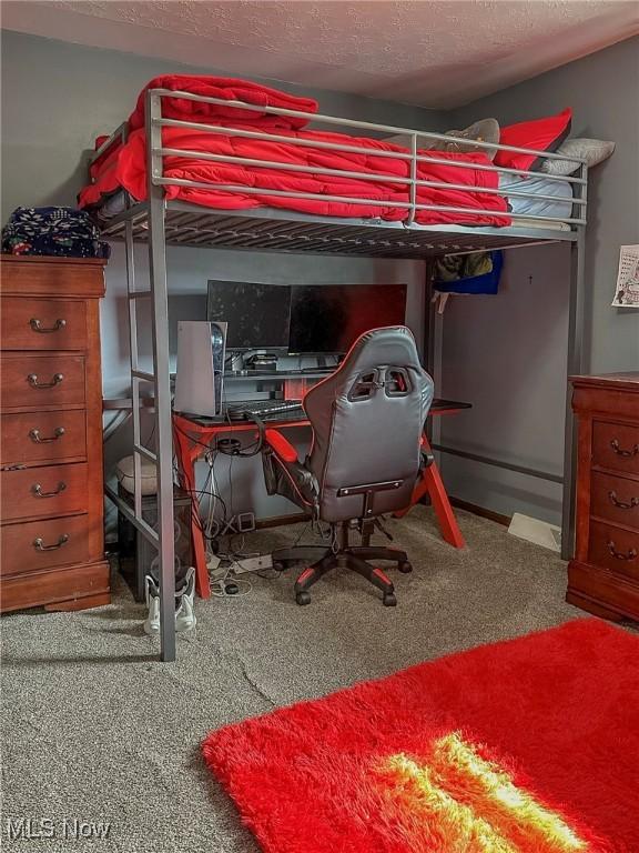 bedroom featuring carpet and a textured ceiling