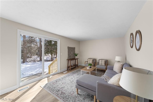 living room featuring wood finished floors, visible vents, and baseboards