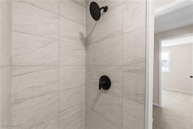 details featuring carpet, baseboards, and tiled shower