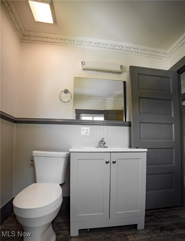 bathroom featuring vanity, toilet, and wood finished floors