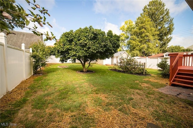 view of yard with a deck and a fenced backyard