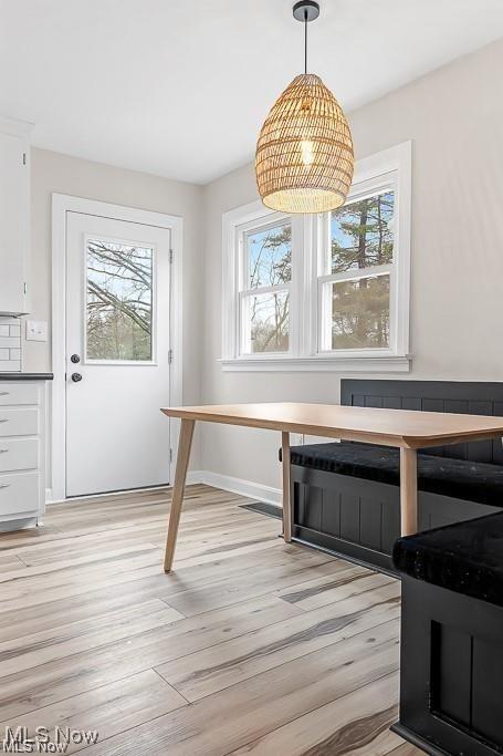 unfurnished dining area featuring light wood-type flooring, a healthy amount of sunlight, and baseboards