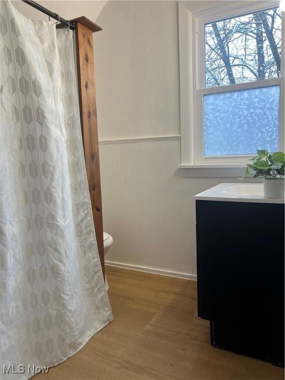 full bathroom featuring a shower with shower curtain, toilet, wood finished floors, and vanity