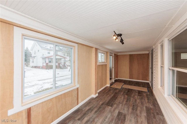 hallway featuring dark wood-type flooring and wooden walls