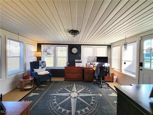 carpeted home office featuring wooden ceiling and wood walls