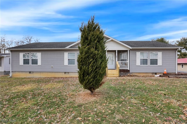 ranch-style house featuring a porch, crawl space, and a front lawn