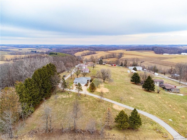 birds eye view of property with a rural view