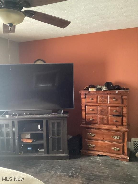 living room featuring a ceiling fan and a textured ceiling