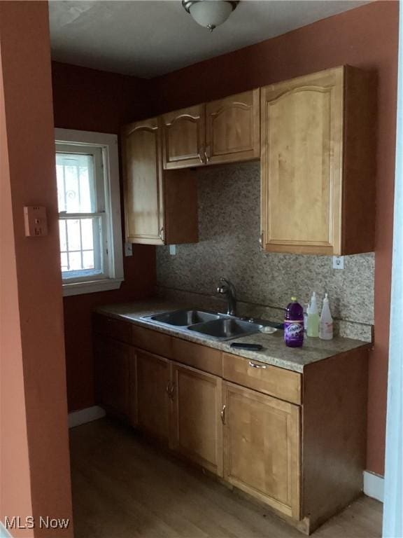 kitchen featuring backsplash, light countertops, baseboards, and a sink