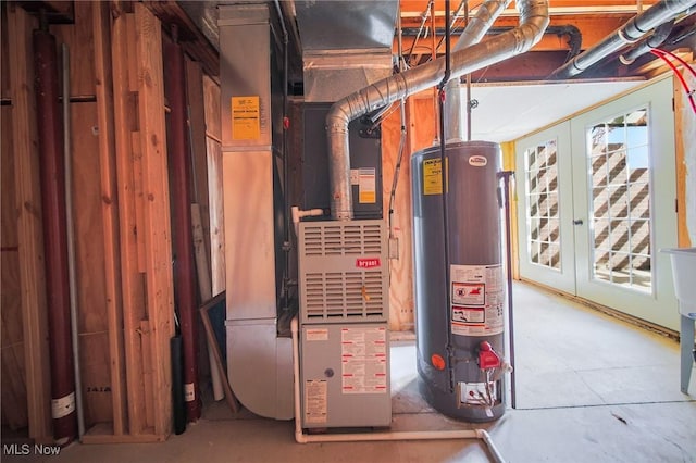 utility room with gas water heater and heating unit