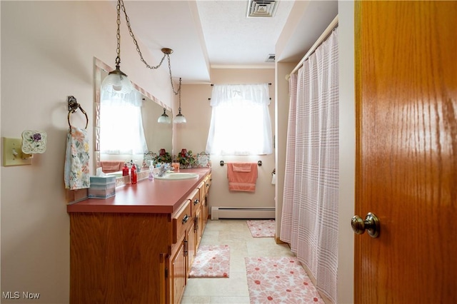 full bath with vanity, a shower with curtain, visible vents, and a baseboard radiator