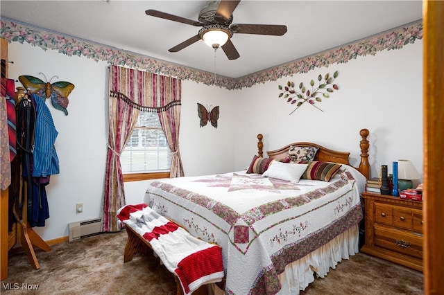 bedroom featuring carpet, baseboards, baseboard heating, and ceiling fan