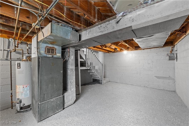 unfinished basement featuring stairway, gas water heater, and visible vents