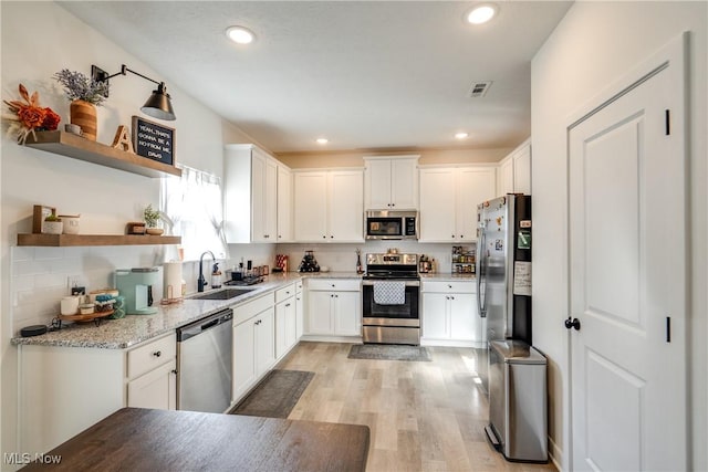 kitchen with visible vents, a sink, stainless steel appliances, light wood-style floors, and white cabinets