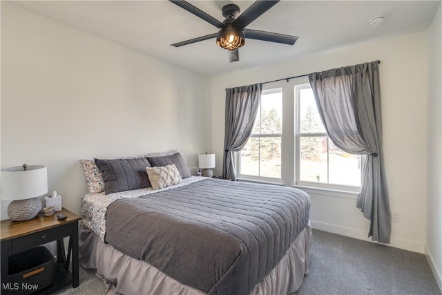 bedroom featuring baseboards, a ceiling fan, and carpet flooring