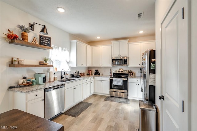 kitchen featuring a sink, backsplash, stainless steel appliances, light wood-style floors, and white cabinets