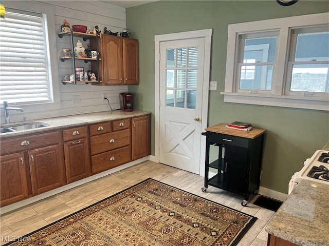 kitchen with gas range, wood finish floors, open shelves, and a sink