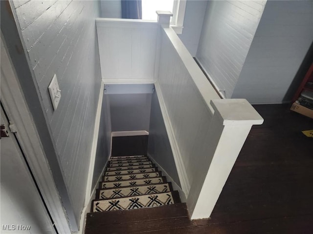 stairway with wooden walls