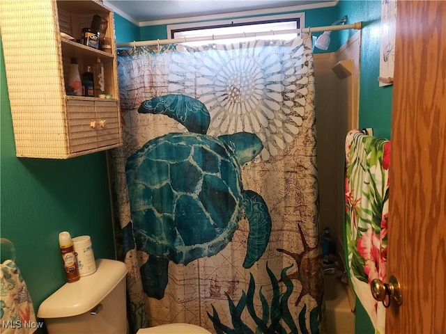 full bathroom with toilet and a shower with shower curtain