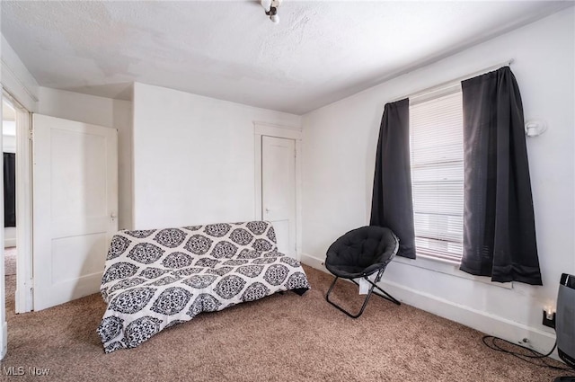 living area with carpet flooring, baseboards, and a textured ceiling