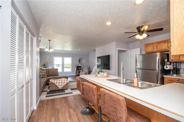 kitchen featuring dark wood-type flooring, open floor plan, light countertops, freestanding refrigerator, and a sink