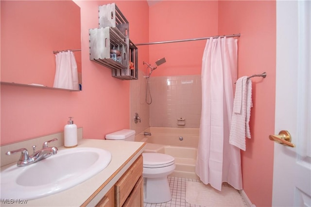 full bath with tile patterned flooring, toilet, vanity, and shower / bathtub combination with curtain