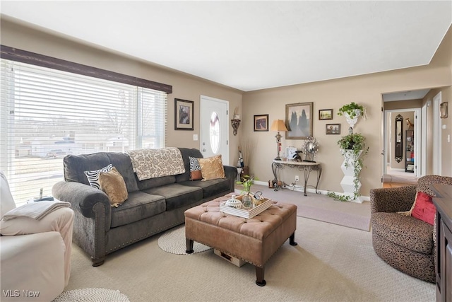 living area featuring baseboards and carpet