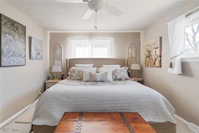 bedroom with visible vents, a ceiling fan, and baseboards