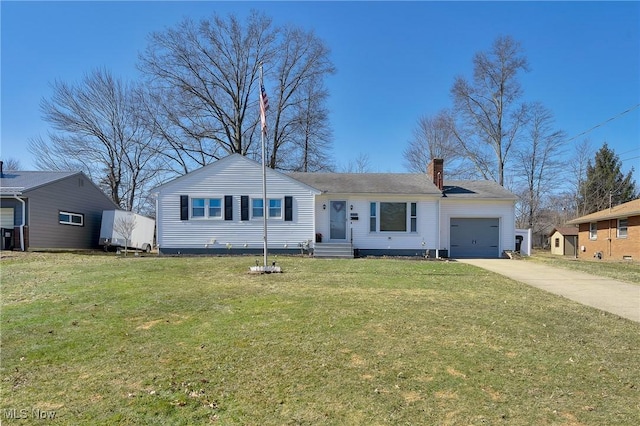 ranch-style home featuring a front lawn, driveway, entry steps, a garage, and a chimney