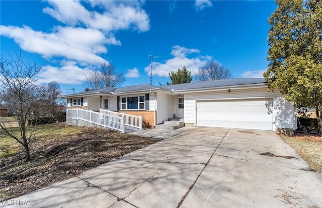 ranch-style house with a porch, concrete driveway, brick siding, and a garage