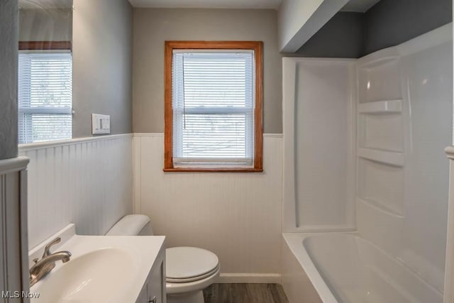 full bath featuring wainscoting, a healthy amount of sunlight, and vanity