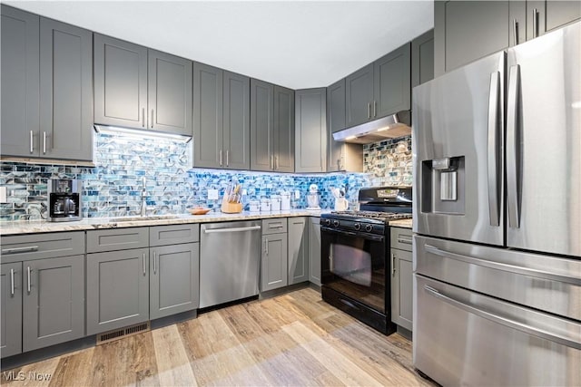 kitchen featuring under cabinet range hood, gray cabinets, stainless steel appliances, and light wood-type flooring