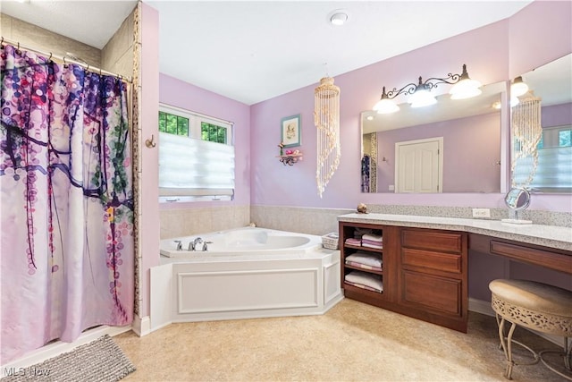 full bath with curtained shower, a bath, and vanity