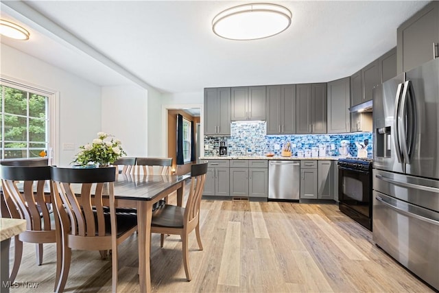 kitchen with under cabinet range hood, light countertops, decorative backsplash, gray cabinets, and appliances with stainless steel finishes