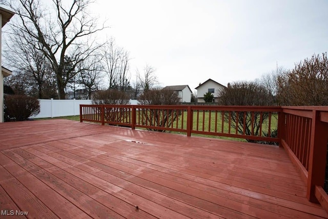 wooden terrace with a fenced backyard