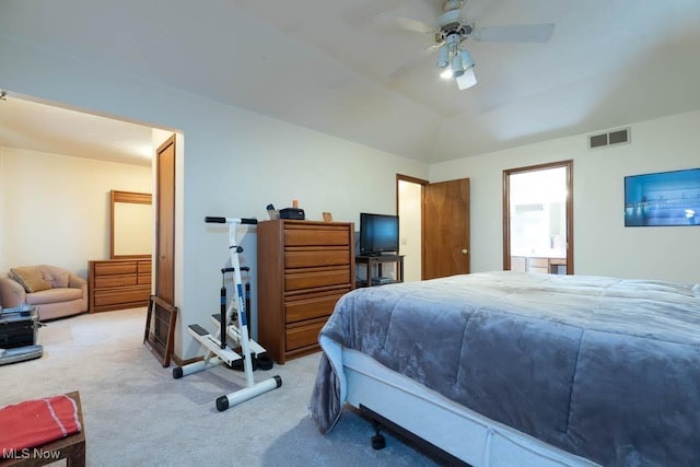 bedroom featuring visible vents, carpet floors, and a ceiling fan