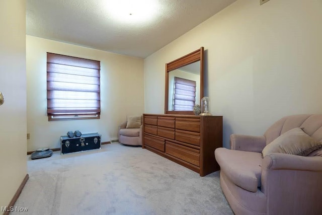 living area featuring carpet flooring, baseboards, and a textured ceiling