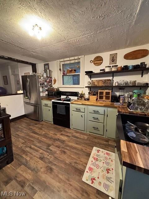 kitchen featuring open shelves, wood counters, appliances with stainless steel finishes, and dark wood-style floors