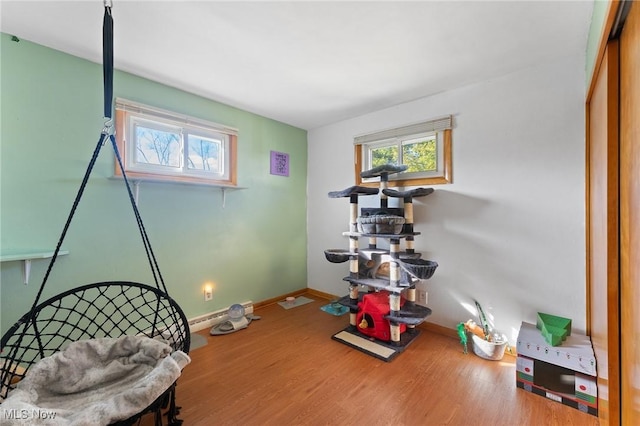 workout area featuring baseboards, a healthy amount of sunlight, and wood finished floors