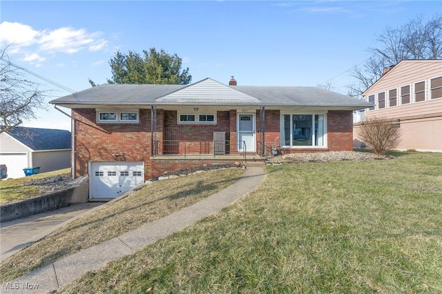 ranch-style home featuring a front yard, a garage, covered porch, and brick siding