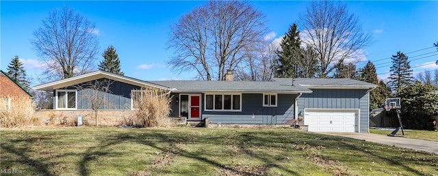 ranch-style home with a front yard, driveway, a chimney, entry steps, and a garage