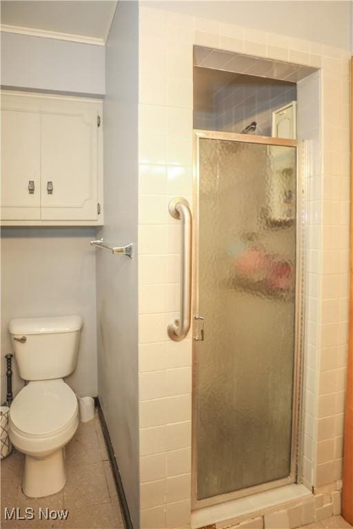 bathroom with tile patterned flooring, a stall shower, and toilet