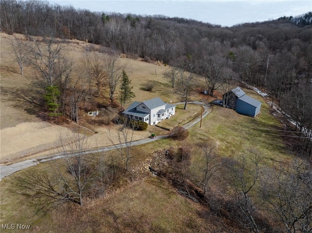 bird's eye view with a rural view and a wooded view