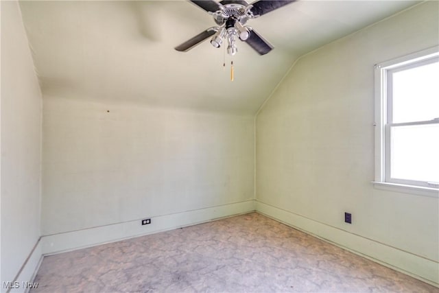 bonus room with baseboards, ceiling fan, carpet flooring, and vaulted ceiling