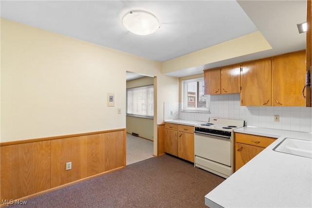 kitchen featuring a sink, light countertops, a wainscoted wall, and white range with electric stovetop