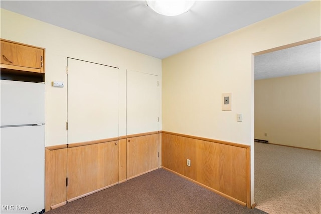 carpeted empty room featuring wooden walls and a wainscoted wall