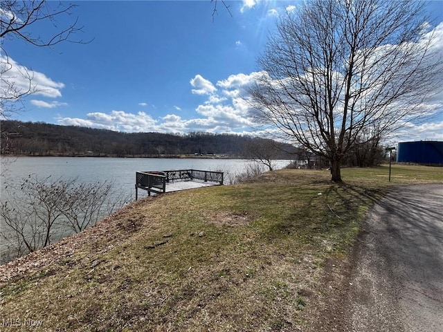 view of dock with a yard, a water view, and a view of trees