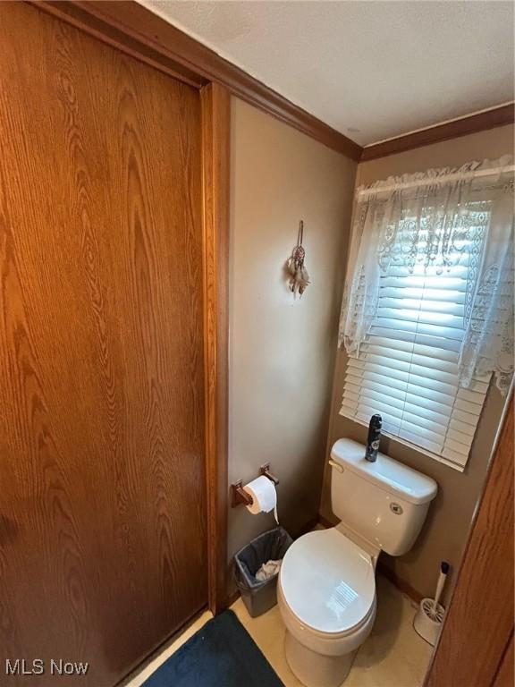 bathroom with toilet and crown molding