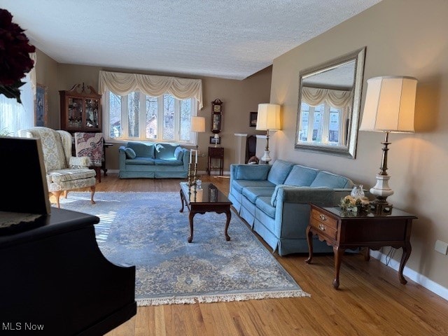 living area with baseboards, a textured ceiling, and wood finished floors