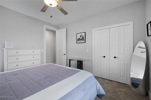 bedroom with visible vents, a closet, ceiling fan, and dark carpet